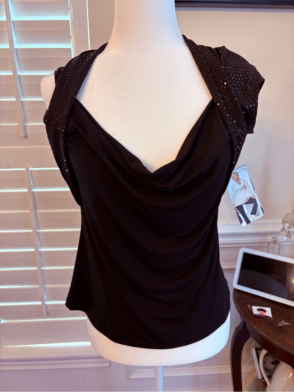 FYLO Black Draped Cowl Neck Camisole with Sparkle Cap Sleeves